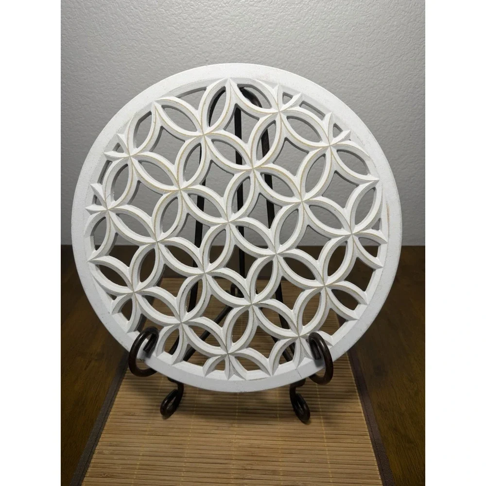 Wood Wall Flower Of Life Medallion Distressed White Scrolled 14